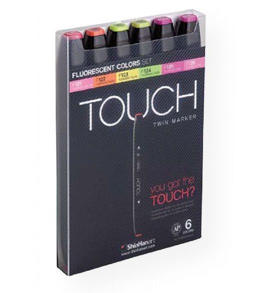 ShinHan Art 1100623 TOUCH Twin Fluorescent Colors 6-Piece Marker Set; An advanced alcohol-based ink formula that ensures rich color saturation and coverage with silky ink flow; The alcohol-based ink doesn't dissolve printed ink toner, allowing for odorless, vividly colored artwork on printed materials; The delivery of ink flow can be perfectly controlled to allow precision drawing; EAN 8809326961888 (SHINHANART1100623 SHINHANART-1100623 TOUCH-TWIN-1100623 MARKER DRAWING)