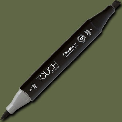 ShinHan Art 1210225-Y225 TOUCH Twin Brush, Olive Green Dark Marker; An advanced alcohol-based ink formula that ensures rich color saturation and coverage with silky ink flow; The alcohol-based ink doesn't dissolve printed ink toner, allowing for odorless, vividly colored artwork on printed materials; EAN 8809326960447 (SHINHANART1210225Y225 SHINHAN ART 1210225-Y225 19929-7170 ALVIN TWIN BRUSH OLIVE GREEN DARK MARKER)
