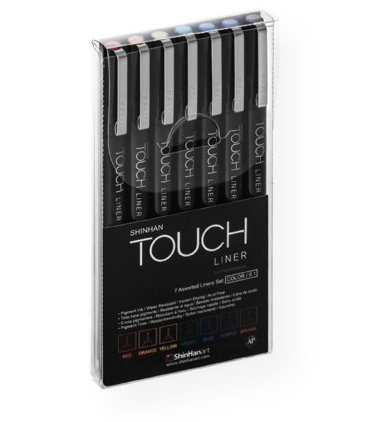 ShinHan Art 4105007 OUCH Liners 7-Color Set 0.1mm; Quality liners and brush pens features archival and pigment based ink; Smooth application; Long lasting nibs; Set contains (7) 0.1mm liners in assorted colors; Shipping Weight 0.76 lb; Shipping Dimensions 5.63 x 0.50 x 2.90 inches; EAN 8809326410027 (SHINHANART4105007 SHINHANART-4105007 OUCH-4105007 DRAWING SKETCHING)