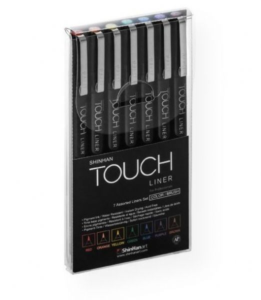 ShinHan Art 4305007 OUCH Liners 7-Color Set Brush Tip; Quality liners and brush pens features archival and pigment based ink; Smooth application; Long lasting nibs; Set contains (7) brush tip liners in assorted colors; Shipping Weight 0.76 lb; Shipping Dimensions 5.63 x 0.50 x 2.90 inches; EAN 8809326410034 (SHINHANART4305007 SHINHANART-4305007 OUCH-4305007 DRAWING SKETCHING)