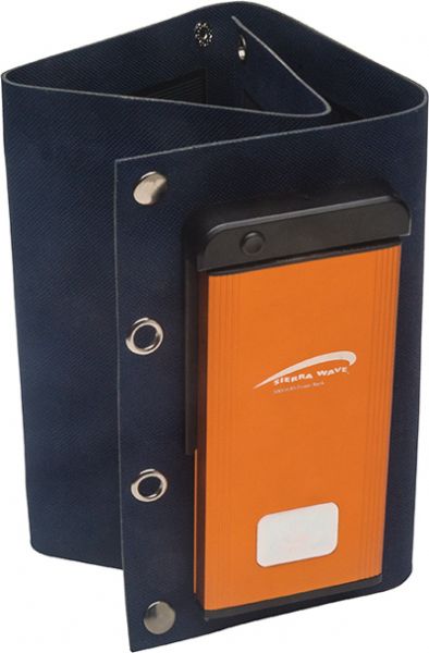 Sierra Wave 9651 Solar Collector and Power Bank, 7 Watt, Orange/Blue Color; 3.7V Lithium-ion battery; 1.5W flashlight/flasher; 5000mAh/18.5Wh capacity; Input Voltage 5V and 1.5A; Outputs USB 5.0V, 1A, 2A high speed; Includes a multifunction USB charging cable (iPhone Lightning tip, iPhone 30 pin tip, Micro USB tip and standard USB); UPC 769372096515 (SIERRAWAVE9651 SIERRAWAVE-9651 SIERRAWAVE 9651)