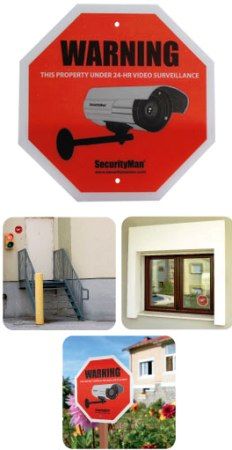 SecurityMan SIGN2PK-EN Two Surveillance Warning Signs (English); Cost effective security to deter unwanted intruders; D.I.Y. (Do-it-yourself ) install in seconds; Flexible mount to entrance door, window, wall, or yard on a stake (not included); Weatherproof plastic material sign; Dimension 8.48