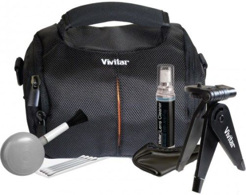 Vivitar SK-401 Camcorder Starter Kit, Includes TSC-6 Trendsetter Camcorder Case, VT-3 Tripod and Lens Cleaner; Water resistant with a padded interior to protect your camera; Front pocket, perfect for batteries, memory cards, or other accessories; Has a pro grip handle, along with an adjustable padded shoulder strap; UPC 681066700525 (SK401 SK 401 VIV-SK-401)