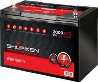 Shuriken SK-BT100 High Performance Battery, 2000 Watts, 100 Amp Hours, For large system where instant power is the key, Large size, Absorbed glass mat technology, Engineered specifically to meet the needs of a high end audio system, Using AGM (Absorbed Glass Matt) technology allows the battery to be mounted in any position, UPC 086429173440 (SKBT100 SK BT100 SKB-T100 SKBT-100) 