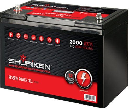 Shuriken SK-BT100 High Performance Battery, 2000 Watts, 100 Amp Hours, For large system where instant power is the key, Large size, Absorbed glass mat technology, Engineered specifically to meet the needs of a high end audio system, Using AGM (Absorbed Glass Matt) technology allows the battery to be mounted in any position, UPC 086429173440 (SKBT100 SK BT100 SKB-T100 SKBT-100)