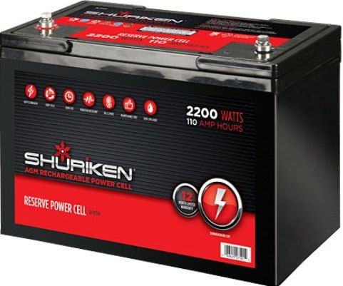 Shuriken SK-BT110 Car Battery Power Cell, 2200 Watts, 110 Amp Hours, 12 Volt, Large size, Absorbed glass mat technology, Can be mounted in any position, Can be fully discharged and re-charged 100s of times, 12