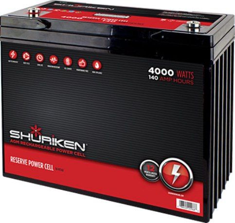 Shuriken SK-BT140 Car Battery Power Cell, 4000 Watts, 140 Amp Hours, 12 Volt, Large size, Absorbed glass mat technology, Extreme power reserve, Ideal design for SPL systems, 13.5