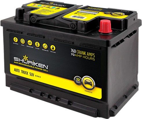 Shuriken SK-BT48-70 Starting Battery, 760 Crank Amps, 70 Amp Hours, 12 Volt, Absorbed glass mat technology, Fits BCI group 48 applications, Factory activated ready for use, 11