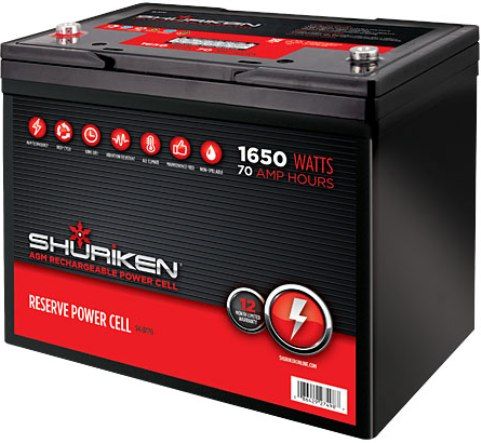 Shuriken SK-BT70 Car Battery Power Cell, 1650 Watts, 70 Amp Hours, 12 Volt, Full size, Absorbed glass mat technology, Can be mounted in any position, Can be fully discharged and re-charged 100s of times, 10.2