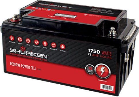 Shuriken SK-BT75 Car Battery Power Cell, 1750 Watts, 75 Amp Hours, 12 Volt, Full size, Absorbed glass mat technology, Can be mounted in any position, Can be fully discharged and re-charged 100s of times, 10.2