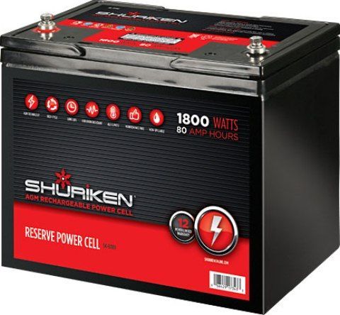 Shuriken SK-BT80 Car Battery Power Cell, 1800 Watts, 80 Amp Hours, 12 Volt, Large size, Absorbed glass mat technology, Can be mounted in any position, Can be fully discharged and re-charged 100s of times, 10.25