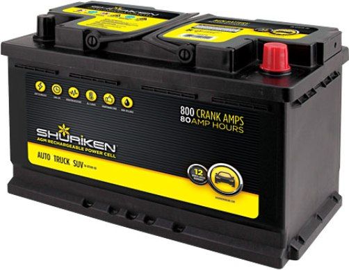 Shuriken SK-BT94R-80 Starting Battery, 800 Crank Amps, 80 Amp Hours, 12 Volt, Fits BCI group 94R applications, Absorbed glass mat technology, Factory activated ready for use, 12.38