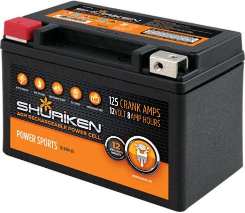 Shuriken SK-BTX9-BS Power Sport Batteries, 125 Crank Amps, 8 Amp Hours, Fits JIS battery type BTX9-BS applications, Factory activated ready for use, Compact size, Absorbed glass mat technology, 5.88