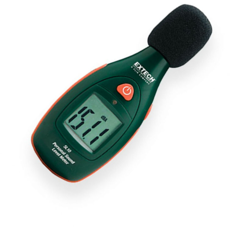  Extech SL10 Pocket Series Sound Meter; Measures sound level from 40 to 130 decibels with a Frequency Weighting for human hearing and fast response time of 125 ms; Pocket sized housing with easy one button operation; Large, backlit LCD display; Double molded side grip; UPC 793950470107 (SL10 SL-10 POCKET-SL10 EXTECHSL10 EXTECH-SL10 EX-TECH-SL10)