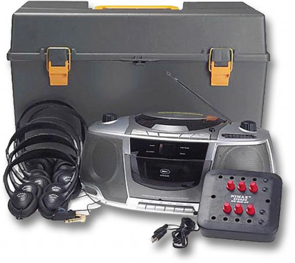 Amplivox SL1070 Personal Six-Station Listening Center Gray, CD Player, AM/FM Tuner, Cassette Player/Recorder, AC or Battery Power, 6-User Jack Box, 6 Sets of Headphones, Carrying Case, Dimensions 22.0
