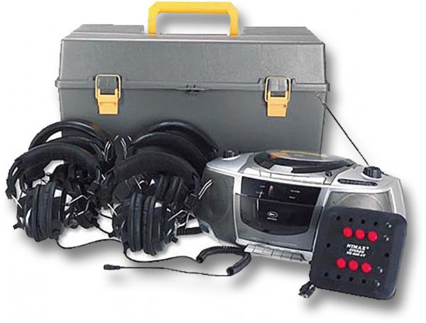 Amplivox SL1071 Deluxe 6 Station Listening Center; CD Player; AM/FM Tuner; Cassette Player/Recorder; AC or Battery Power; 6-User Jack Box; 6 Sets of Deluxe Headphones; Carrying Case; Individual volume controls on each earcup; LCD display shows track info for the CD player; Boombox can operate on 110/220V AC power or on a set of 8 D-size batteries; UL listed for safety; UPC 734680610715 (AMPLIVOXSL1071 AMPLIVOX SL1071 SL 1071 AMPLIVOX-SL1071 SL-1071)