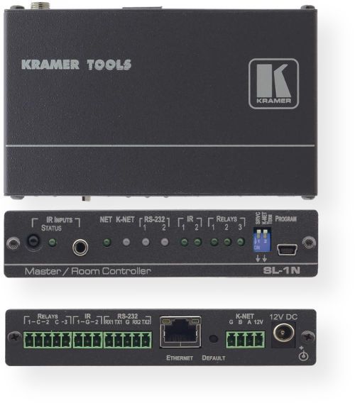 Kramer Electronics SL-1N Master Room Controller; IR Learning Function - Learns commands from any IR remote; USB Port - For uploading configuration file; Flexible Control - Ethernet, K-NET, IR sensor and external IR commands; DEFAULT IP SETTINGS: IP number - 192.168.1.39; Mask - 255.255.0.0; Gateway - 0.0.0.0; INDICATORS: LED indicator for each function; POWER CONSUMPTION: 12V DC, 2A (from power supply) or 12V DC over K-NET connection (SL1N SL-1N SL-1N)