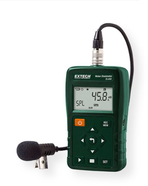  Extech SL400 Personal Noise Dosimeter with USB Interface; Measures frequency weighted noise exposure and peak (C, Z) sound level; Datalogs up to 999,999 readings when used as a sound level meter with sampling times between 1 second and 24 hours; Sound level mode displays sound level, min max, time averaged sound level (Leq), peak, and sound exposure level (SEL); UPC 793950474006 (SL400 SL-400 DOSIMETER-SL400 EXTECH-SL400 EXTECHSL400 EX-TECH-SL400)
