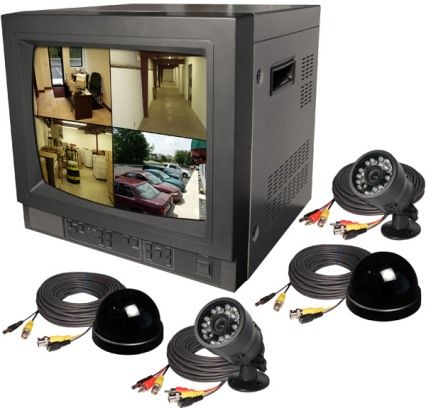Security Labs SLM426C Color Quad 14-Inch Observation System with Four Cameras, Includes four cameras: (2) color weatherproof cameras with infrared (IR), audio, and Sony CCD image sensor, (2) color adjustable dome cameras with Sony CCD image sensor, Alarm inputs allow triggering devices to be connected to the monitor (SLM-426C SLM 426C SLM426 SLM-426)