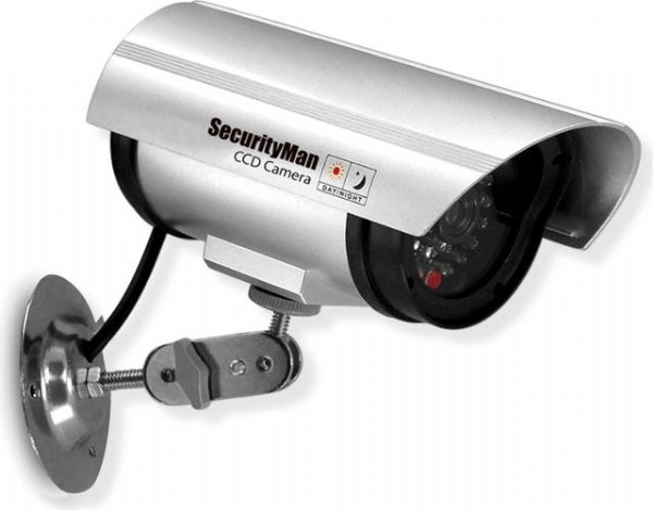 SecurityMan SM-3601S Dummy Indoor Camera with Flashing LED; Imitation Infrared LEDs and one flashing LED; Indoor dome camera type; Metal mounting bracket; Powered by 2 AA batteries, not included; Camera Dimensions 3.1