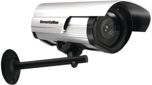 SecurityMan SM-3802 Dummy Outdoor/Indoor Camera with Flashing LED, Designed as a professional security camera for deterring unwanted intruders by just a fraction of the cost of a real camera, Weather resistant & anodized aluminum casing, Metal mounting bracket & adjustable, Powered by 2 x AA batteries (not included), UPC 701107901343 (SM3802 SM 3802)