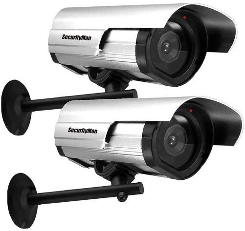 SecurityMan SM-3802-2PK Two Dummy Outdoor/Indoor Camera with Flashing LED, Designed as a professional security camera for deterring unwanted intruders by just a fraction of the cost of a real camera, Weather resistant & anodized aluminum casing, Metal mounting bracket & adjustable, Powered by 2 x AA batteries (not included), UPC 701107901800 (SM38022PK SM3802-2PK SM-38022PK SM-3802)