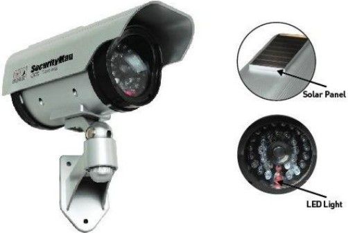 SecurityMan SM-3803 Solar Powered Outdoor/Indoor Dummy Camera with LED, Weather resistant dummy camera with one flashing red LED, Energy efficient built-in solar panel or 2xAAA backup standard/rechargeable batteries (not included) when it is darker, Adjustable wall-mount bracket, Looks like real security camera, UPC 701107901473 (SM3803 SM 3803)