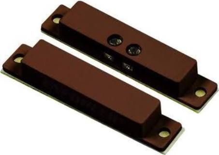 Seco-Larm SM-431-T/B Miniature Surface-Mount Magnetic Contact with Magnet, Brown; For closed circuit (CC) systems only; With external screw terminals - No wiring leads inside the wall; Tape to cover screw terminals included; Screw-mount using side flanges, or break off flange for adhesive mounting; 1