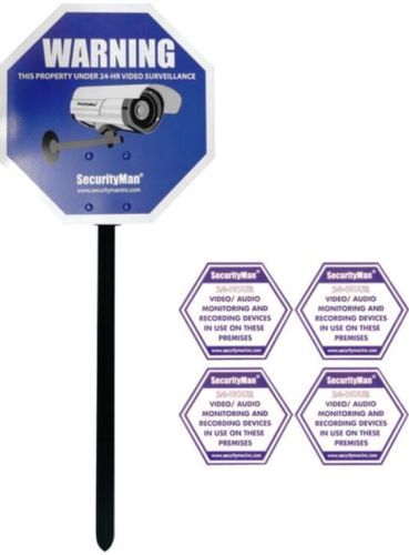 SecurityMan SM-SIGN Reflective Security Warning Sign with Yard Stake, Reflective coating for night visibility, Cost-effective security sign to deter intruders, Do-it-yourself (DIY) easy installation, Strong, durable stake made from ABS plastic to withstand high winds, Weatherproof material to protect against rain or shine, Includes four additional warning stickers, UPC 701107902302 (SMSIGN SM SIGN)