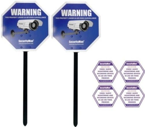 SecurityMan SM-SIGN2PK Reflective Security Warning Sign with Yard Stake (2-Pack), Reflective coating for night visibility, Cost-effective security sign to deter intruders, Do-it-yourself (DIY) easy installation, Strong, durable stake made from ABS plastic to withstand high winds, Weatherproof material to protect against rain or shine, Includes four additional warning stickers, UPC 701107902364 (SMSIGN2PK SM SIGN2PK SM-SIGN-2PK SM-SIGN)