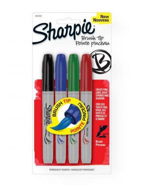 Sharpie SN1810701 Brush Markers 4-Color Set; Permanent brush tip markers with a versatile tip create fine lines, bold strokes, and shading all with a single marker!; Set contains markers in 4 colors: Black, Red, Blue, and Green; Colors subject to change; Shipping Weight 0.14 lb; Shipping Dimensions 8.1 x 0.75 x 5.25 in; UPC 071641048584 (SHARPIESN1810701 SHARPIE-SN1810701 SHARPIE/SN1810701 ARTWORK MARKER)