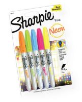 Sharpie SN1860443 Neon Permanent Marker 5-Color Set; Brilliant, vivid colors in daylight and fluorescent under black light; Permanent markers for use on most surfaces including paper, wood, plastic, glass, and leather; Non-toxic; Water, smear, and fade-resistant; Set contains 5 colors: neon yellow, neon pink, neon orange, neon blue, neon green; Shipping Weight 0.12 lb; Shipping Dimensions 7.6 x 4.75 x 0.64 in; UPC 071641064119 (SHARPIESN1860443 SHARPIE-SN1860443 DRAWING) 