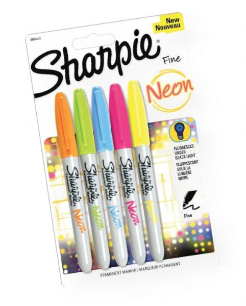 Sharpie SN1860443 Neon Permanent Marker 5-Color Set; Brilliant, vivid colors in daylight and fluorescent under black light; Permanent markers for use on most surfaces including paper, wood, plastic, glass, and leather; Non-toxic; Water, smear, and fade-resistant; Set contains 5 colors: neon yellow, neon pink, neon orange, neon blue, neon green; Shipping Weight 0.12 lb; Shipping Dimensions 7.6 x 4.75 x 0.64 in; UPC 071641064119 (SHARPIESN1860443 SHARPIE-SN1860443 DRAWING)