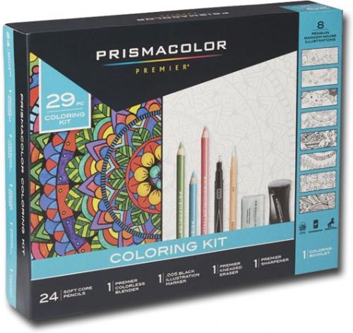 Prismacolor SN1978739 Complete Toolkit With Colored Pencil And 8 Page Coloring Book, 24 soft core pencils, Illustration marker, Blender pencil, Eraser, Sharpener, Adult coloring book, Dimensions 8.25