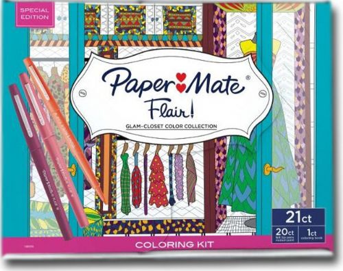 Sharpie SN1989556 Flair Glam-Closet Adult Coloring Kit, Let loose the artist inside and express yourself with true style and color: A trendy woman's closet themed adult coloring book and 20 bright and vivid felt tip pens that make your fashion sketches come to life, Dimensions 9.63