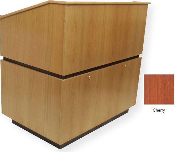 Amplivox SN3030 Coventry Lectern, Cherry; Equipment Bay with locking doors; Center divider and left-side shelf; 4 Hidden casters; Solid hardwood; Fully assembled; Product Dimensions 46