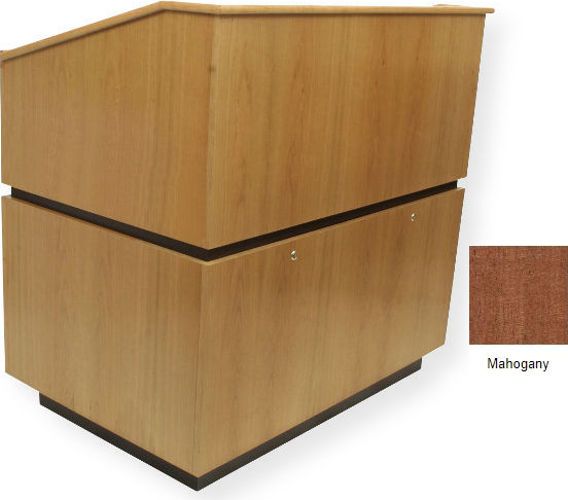 Amplivox SN3030 Coventry Lectern, Mahogany; Equipment Bay with locking doors; Center divider and left-side shelf; 4 Hidden casters; Solid hardwood; Fully assembled; Product Dimensions 46