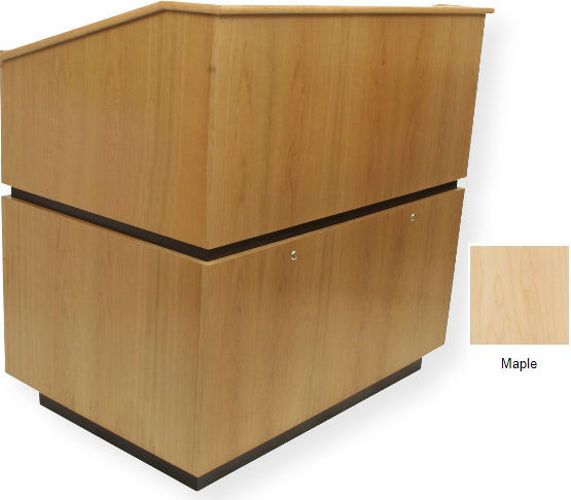 Amplivox SN3030 Coventry Lectern, Maple; Equipment Bay with locking doors; Center divider and left-side shelf; 4 Hidden casters; Solid hardwood; Fully assembled; Product Dimensions 46