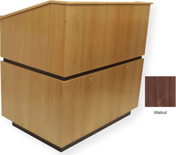 Amplivox SN3030 Coventry Lectern, Walnut; Equipment Bay with locking doors; Center divider and left-side shelf; 4 Hidden casters; Solid hardwood; Fully assembled; Product Dimensions 46
