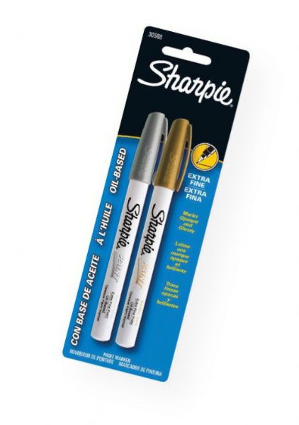 Sharpie SN30588 Oil-Based Metallic Paint Extra Fine Marker 2-Pack; Permanent, opaque, and glossy on light and dark surfaces; Quick drying, fade-, abrasion-, and water-resistant paint; AP certified and xylene free; Marks on virtually any surface including metal, pottery, wood, rubber, glass, plastic, and stone; Sold as a gold and silver 2-pack; Shipping Weight 0.09 lb; UPC 071641305885 (SHARPIESN30588 SHARPIE-SN30588 SHARPIE/SN30588 DRAWING MARKER SKETCHING)