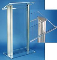 Amplivox SN3080 Contemporary AlumaAcrylic Lectern, The 3/4" top surface (26.75"w x 15.25"d) accommodates an open 3-ring binder and has a 3/4" paper stop, The base (26.75"w x 14.75"d) is also 3/4" clear acrylic and has a clear rubber foot at each corner (SN-3080 SN 3080) 