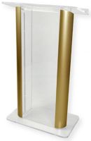 Amplivox SN308008 Contemporary Alumacrylic Lectern, Clear Acrylic with Gold Anodized Aluminum Posts; 0.750" and 0.625" thick plexiglass; Top Width of 27"; Clear rubber foot at each corner; Ships fully assembled; Product Dimensions 27" W x 48" H (Front), 43" H (Back) x 16" D; Weight 64 lbs; Shipping Weight 90 lbs; UPC 734680430153 (SN308008 SN-308008-GD SN-3080-08GD AMPLIVOXSN308008 AMPLIVOX-SN3080-08 AMPLIVOX-SN-308008) 
