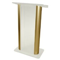 Amplivox SN308018 Contemporary Alumacrylic Lectern, Frosted Acrylic with Gold Anodized Aluminum Posts; 0.750" and 0.625" thick plexiglass; Top Width of 27"; Clear rubber foot at each corner; Ships fully assembled; Product Dimensions 27" W x 48" H (Front), 43" H (Back) x 16" D; Weight 64 lbs; Shipping Weight 90 lbs; UPC 734680430160 (SN308018 SN-308018-GD SN-3080-18GD AMPLIVOXSN308018 AMPLIVOX-SN3080-18 AMPLIVOX-SN-308018) 