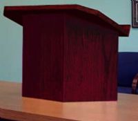 Amplivox SN3155 Red Mahogany Wooden Desktop Podium Stand, Contemporary Solid Wood Lectern, The reading table of this podium measures 26 3/4" w x 15 3/8" d with a 1 1/2" h x 26 3/4" w ledge to hold your reading material, For desktops and tables, stands 20" high and angles down 15" (SN-3155 SN 3155) 
