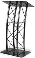 Amplivox SN3190 Black Aluminum Curved Truss Lectern, The reading table measures 23.5"w x 16.5"d, enough room for an open 3-ring binder and the 1"h lip keeps notes from sliding off the angled surface, 11"x11" shelf is welded between the tubes 26.75" above the base (SN-3190 SN 3190) 