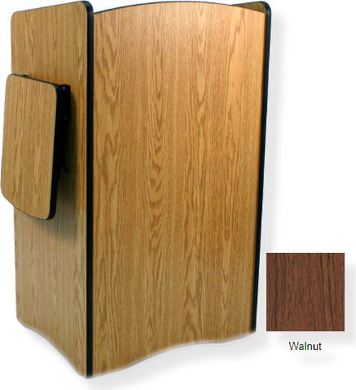 Amplivox SN3230 Multimedia Computer Lectern Non-Sound, Walnut; Fully assembled multipurpose melamine laminate computer lectern cart; Drop-leaf side shelf for projectors and media equipment; Adjustable inner shelf for computer and AV material; Locking cabinet door provides secure storage for equipment; UPC 734680432355 (SN3230 SN3230WT SN3230-WT SN-3230-WT AMPLIVOXSN3230 AMPLIVOX-SN3230WT AMPLIVOX-SN3230-WT)