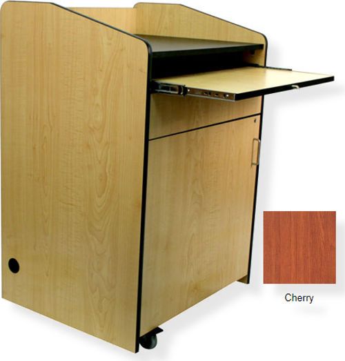 Amplivox SN3235 Multimedia Presentation Podium, Cherry; Fully assembled multipurpose computer lectern cart; Locking door provides secure storage for equipment; Slide-out keyboard drawer; Fold-down side shelf and adjustable inner shelf for computer and AV material; Wire management grommets and 4 heavy duty hidden casters (2 lock); Radius corners; UPC 734680452339 (SN3235 SN3235CH SN3235-CH SN-3235-CH AMPLIVOXSN3235 AMPLIVOX-SN3235CH AMPLIVOX-SN3235-CH)