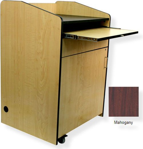 Amplivox SN3235 Multimedia Presentation Podium, Mahogany; Fully assembled multipurpose computer lectern cart; Locking door provides secure storage for equipment; Slide-out keyboard drawer; Fold-down side shelf and adjustable inner shelf for computer and AV material; Wire management grommets and 4 heavy duty hidden casters (2 lock); Radius corners; UPC 734680457315 (SN3235 SN3235MH SN3235-MH SN-3235-MH AMPLIVOXSN3235 AMPLIVOX-SN3235MH AMPLIVOX-SN3235-MH)