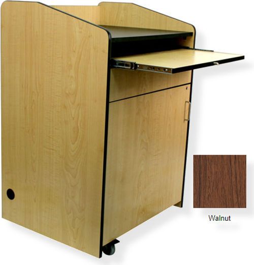 Amplivox SN3235 Multimedia Presentation Podium, Walnut; Fully assembled multipurpose computer lectern cart; Locking door provides secure storage for equipment; Slide-out keyboard drawer; Fold-down side shelf and adjustable inner shelf for computer and AV material; Wire management grommets and 4 heavy duty hidden casters (2 lock); Radius corners; UPC 734680452353 (SN3235 SN3235WT SN3235-WT SN-3235-WT AMPLIVOXSN3235 AMPLIVOX-SN3235WT AMPLIVOX-SN3235-WT)