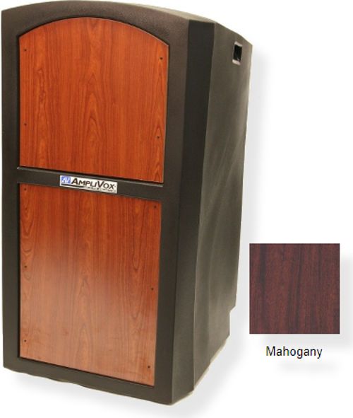 Amplivox SN3250 Pinnacle Multimedia Lectern, Mahogany; Weather and waterproof; Durable hard shell plastic holds up under tough use; Elegant sculpted profile radius corners and swirls; 2 heavy duty industrial casters and built-in handles for easy portability; Convenient shelf (11